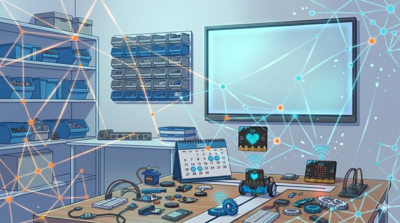 Anime στυλ απεικόνιση εργαστηρίου ρομποτικής με micro:bit, εξαρτήματα και διαδραστική οθόνη, με γραμμές που δείχνουν ψηφιακή σύνδεση και αλληλεπίδραση.