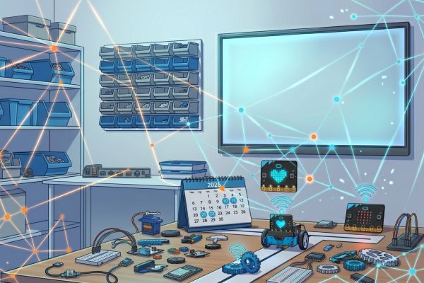 Anime στυλ απεικόνιση εργαστηρίου ρομποτικής με micro:bit, εξαρτήματα και διαδραστική οθόνη, με γραμμές που δείχνουν ψηφιακή σύνδεση και αλληλεπίδραση.